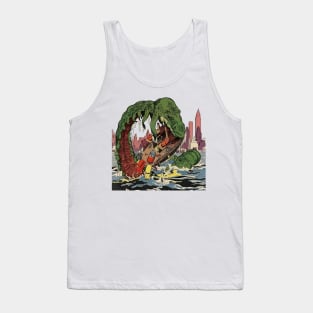 Mysterious Green Monster Lake Water Boat Cars City Retro Comic Vintage Cartoon Tank Top